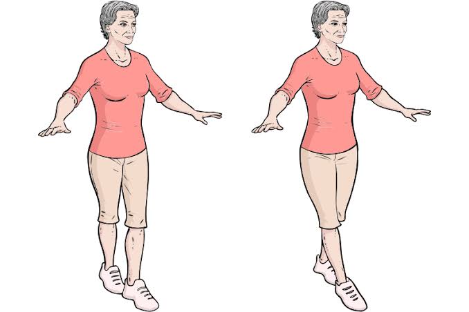 Illustration of an older adult walking heel to toe in a straight line with arms extended for balance