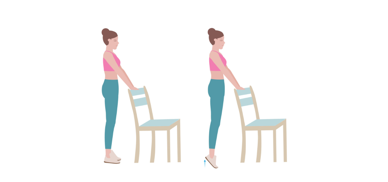 Illustration of a person holding a chair back for support and rising onto their toes to perform heel raises