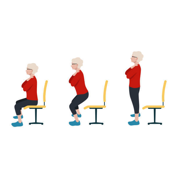 Illustration showing three stages of a sit-to-stand exercise, from seated to fully standing beside a chair